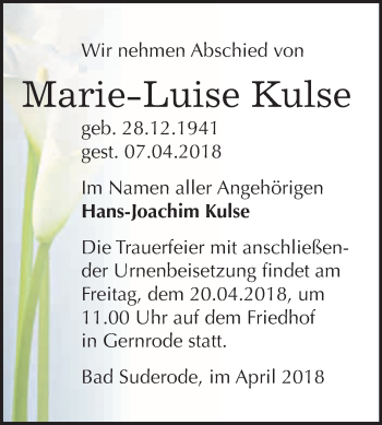 Traueranzeige von Marie-Luise Kulse von WVG - Wochenspiegel Quedlinburg
