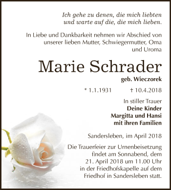 Traueranzeige von Marie Schrader von Super Sonntag SGH Mansf. Land