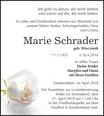 Traueranzeige von Marie Schrader von Mitteldeutsche Zeitung