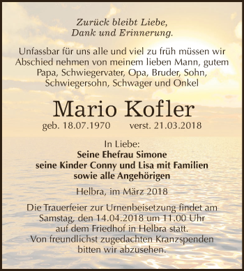 Traueranzeige von Mario Kofler von Wochenspiegel Mansfelder Land