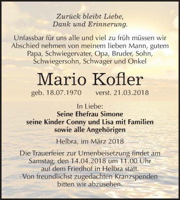 Traueranzeige von Mario Kofler von Mitteldeutsche Zeitung