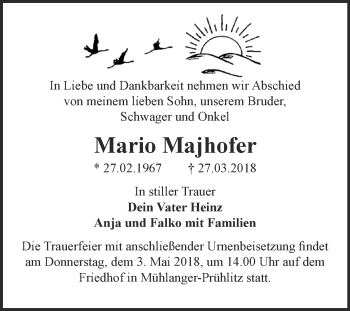 Traueranzeige von Mario Majhofer von WVG - Wochenspiegel Wittenberg