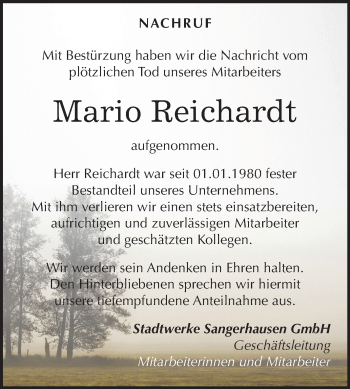Traueranzeige von Mario Reichardt von Mitteldeutsche Zeitung Sangerhausen
