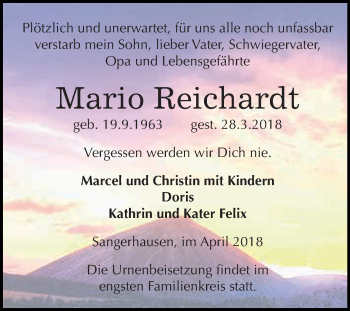 Traueranzeige von Mario Reichardt von Super Sonntag SGH Mansf. Land