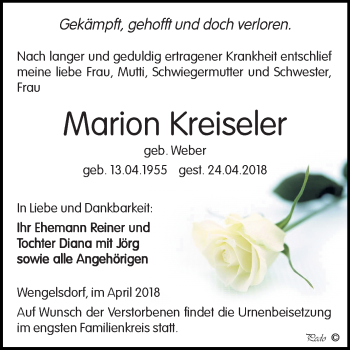 Traueranzeige von Marion Kreiseler von Mitteldeutsche Zeitung Weißenfels