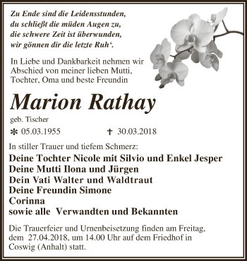 Traueranzeige von Marion Rathay von WVG - Wochenspiegel Dessau / Köthen