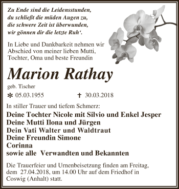 Traueranzeige von Marion Rathay von WVG - Wochenspiegel Dessau / Köthen