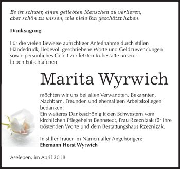 Traueranzeige von Marita Wyrwich von Wochenspiegel Mansfelder Land