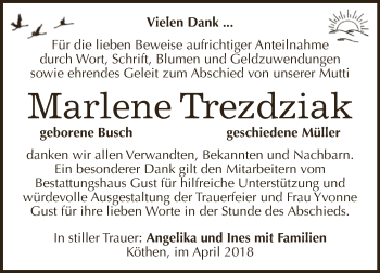 Traueranzeige von Marlene Trezdziak von WVG - Wochenspiegel Dessau / Köthen