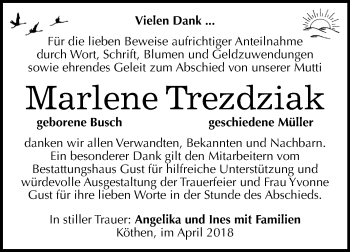 Traueranzeige von Marlene Trezdziak von Mitteldeutsche Zeitung