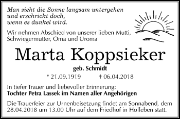 Traueranzeige von Marta Koppsieker von Mitteldeutsche Zeitung Halle/Saalkreis