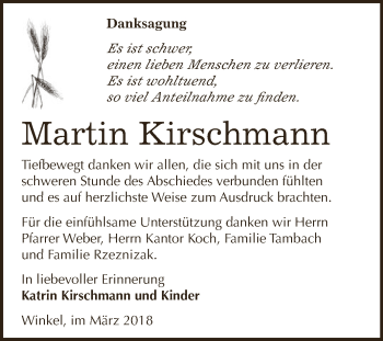 Traueranzeige von Martin Kirschmann von WVG - Wochenspiegel SGH
