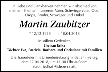 Traueranzeige von Martin Zaubitzer von Mitteldeutsche Zeitung Bernburg