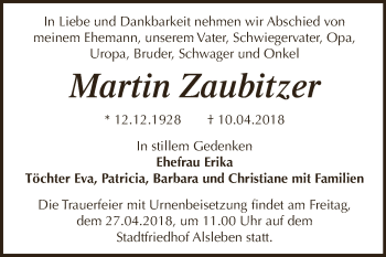 Traueranzeige von Martin Zaubitzer von Super Sonntag Bernburg