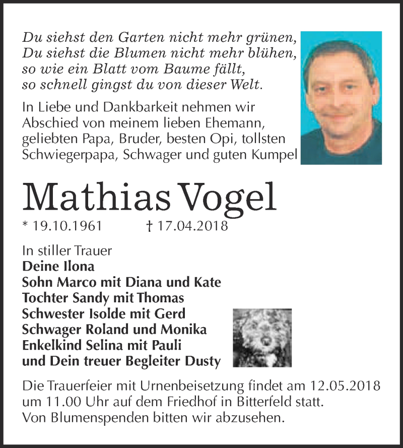  Traueranzeige für Mathias Vogel vom 25.04.2018 aus WVG - Wochenspiegel Bitterfeld