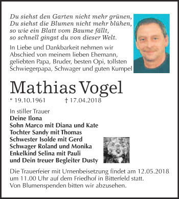 Traueranzeige von Mathias Vogel von WVG - Wochenspiegel Bitterfeld