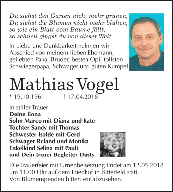 Traueranzeige von Mathias Vogel von Mitteldeutsche Zeitung Bitterfeld