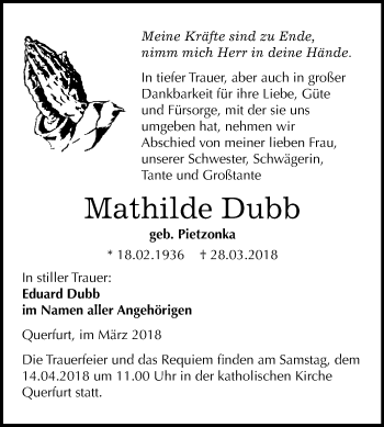 Traueranzeige von Mathilde Dubb von WVG - Wochenspiegel Merseburg