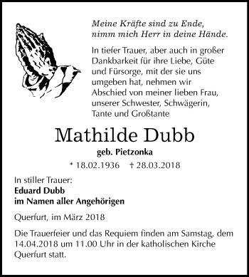 Traueranzeige von Mathilde Dubb von Mitteldeutsche Zeitung Merseburg/Querfurt