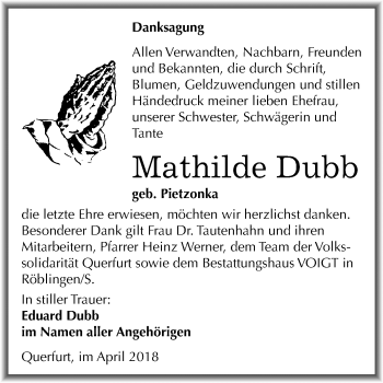 Traueranzeige von Mathilde Dubb von Mitteldeutsche Zeitung Merseburg/Querfurt