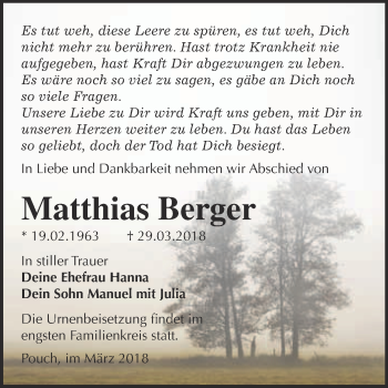 Traueranzeige von Matthias Berger von WVG - Wochenspiegel Bitterfeld