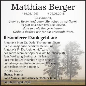 Traueranzeige von Matthias Berger von Mitteldeutsche Zeitung Bitterfeld