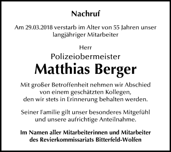 Traueranzeige von Matthias Berger von Mitteldeutsche Zeitung Bitterfeld
