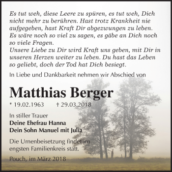 Traueranzeige von Matthias Berger von Mitteldeutsche Zeitung Bitterfeld