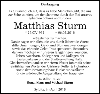 Traueranzeige von Matthias Sturm von Mitteldeutsche Zeitung Halle/Saalkreis