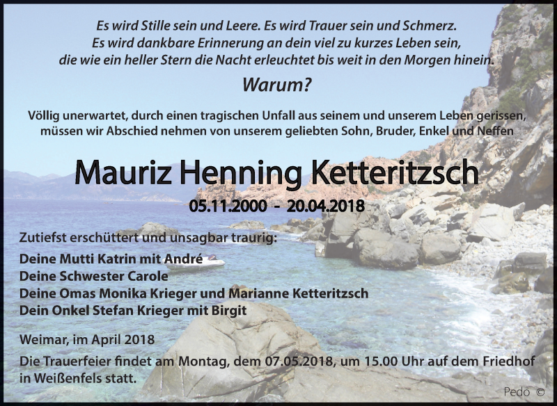  Traueranzeige für Mauriz Henning Ketteritzsch vom 28.04.2018 aus Mitteldeutsche Zeitung Weißenfels