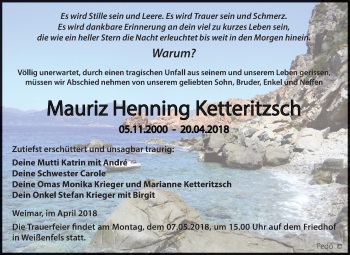 Traueranzeige von Mauriz Henning Ketteritzsch von Mitteldeutsche Zeitung Weißenfels