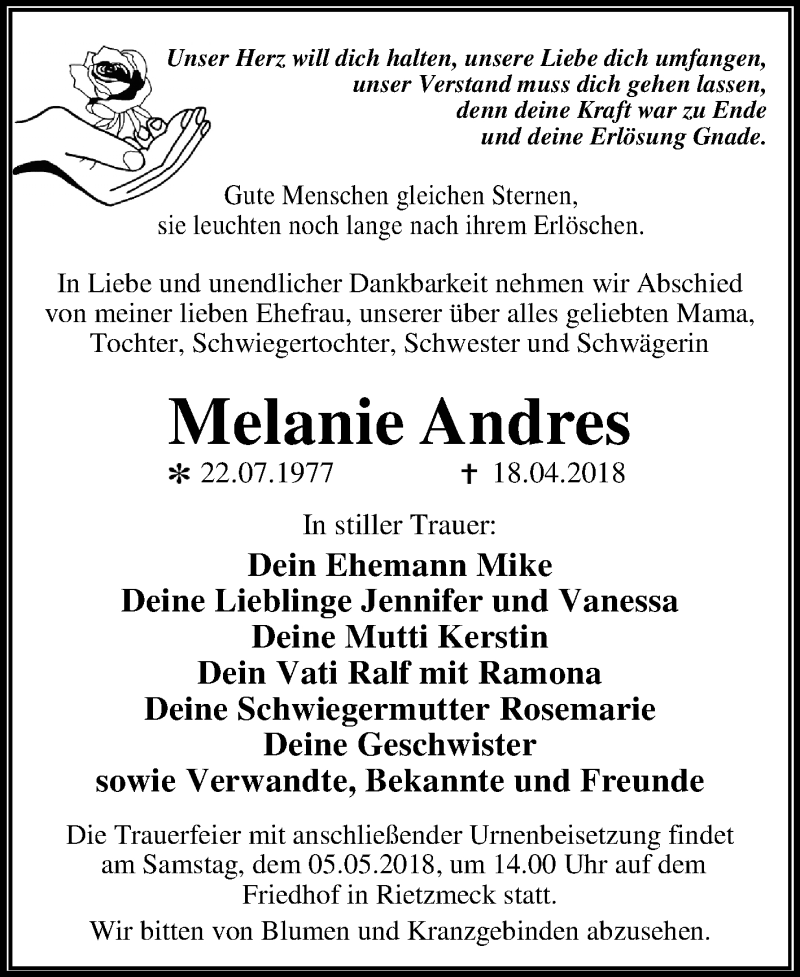  Traueranzeige für Melanie Andres vom 28.04.2018 aus Mitteldeutsche Zeitung Dessau-Roßlau