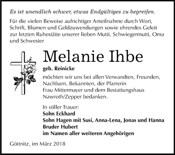 Traueranzeige von Melanie Ihbe von Mitteldeutsche Zeitung Bitterfeld