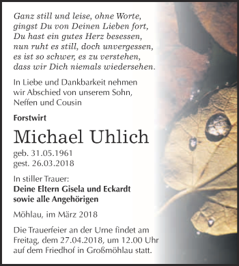 Traueranzeige von Michael Uhlich von WVG - Wochenspiegel Wittenberg