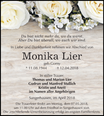 Traueranzeige von Monika Lier von Mitteldeutsche Zeitung Sangerhausen