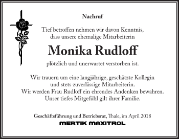 Traueranzeige von Monika Rudloff von WVG - Wochenspiegel Quedlinburg