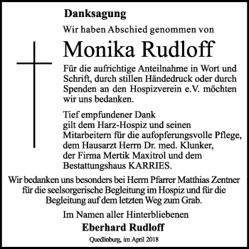 Traueranzeige von Monika Rudloff von Mitteldeutsche Zeitung Quedlinburg