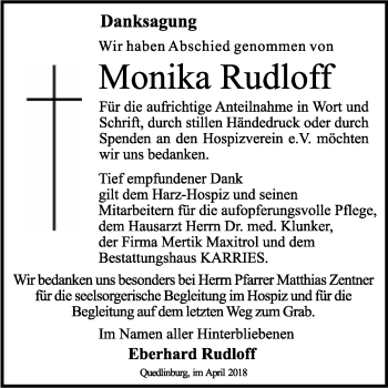 Traueranzeige von Monika Rudloff von WVG - Wochenspiegel Quedlinburg