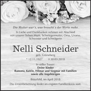 Traueranzeige von Nelli Schneider von WVG - Wochenspiegel Bitterfeld