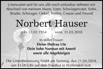 Traueranzeige von Norbert Hauser von WVG - Wochenspiegel Merseburg
