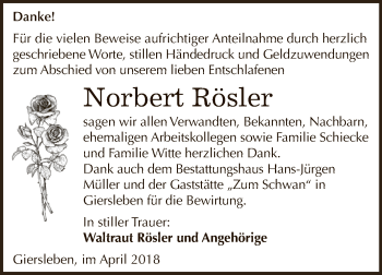 Traueranzeige von Norbert Rösler von Super Sonntag Aschersleben