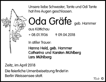Traueranzeige von Oda Gräfe von Mitteldeutsche Zeitung Zeitz