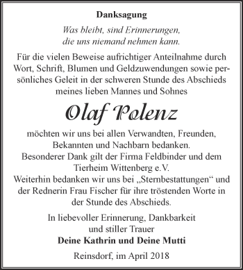 Traueranzeige von Olaf Polenz von Super Sonntag Wittenberg