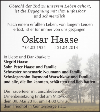 Traueranzeige von Oskar Haase von Mitteldeutsche Zeitung Quedlinburg