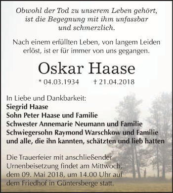 Traueranzeige von Oskar Haase von WVG - Wochenspiegel Quedlinburg