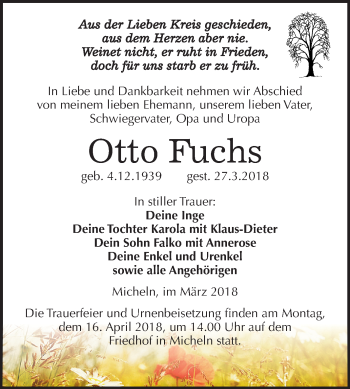 Traueranzeige von Otto Fuchs von Mitteldeutsche Zeitung Köthen
