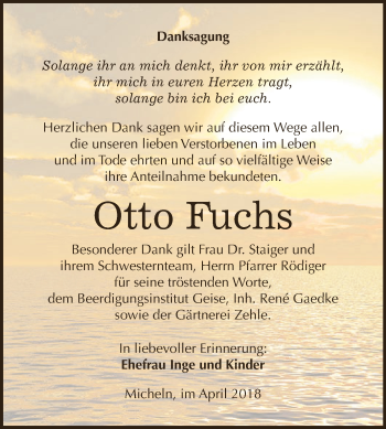 Traueranzeige von Otto Fuchs von WVG - Wochenspiegel Dessau / Köthen