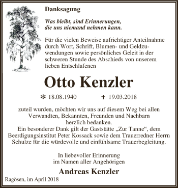 Traueranzeige von Otto Kenzler von WVG - Wochenspiegel Dessau / Köthen
