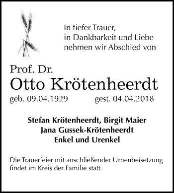 Traueranzeige von Otto Krötenheerdt von Mitteldeutsche Zeitung Halle/Saalkreis