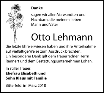 Traueranzeige von Otto Lehmann von Mitteldeutsche Zeitung Bitterfeld